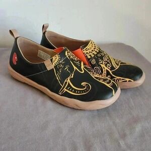 UIN Elephant Print Slip On Comfort Shoes Loafers Casual Black Size 8